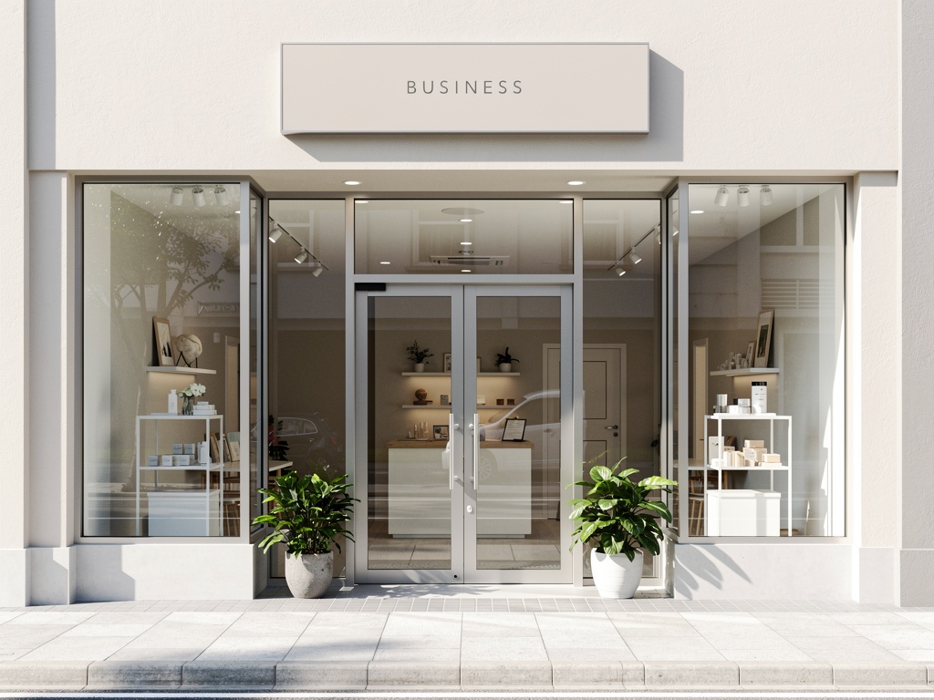 A modern storefront with large glass windows displaying shelves of products, a double glass door entrance, and a blank sign above that reads 'BUSINESS'. Two pot